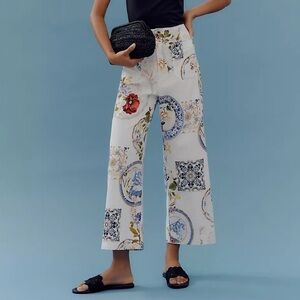 NWT Anthropologie Colette Cropped Wide-Leg Pants Maeve White Floral Cotton Sz 27